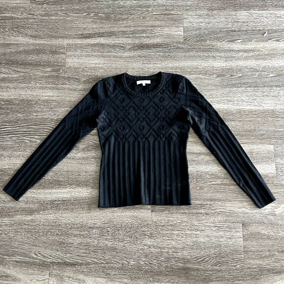 EUC‎ MILLY Black Geometric Ribbed Knit Sweater Top Size Small Stretchy Crew Neck - Picture 4 of 13